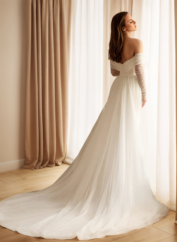 Off-The-Shoulder Sleeveless Sweep Train Sequined Wedding Dresses With Detachable Train