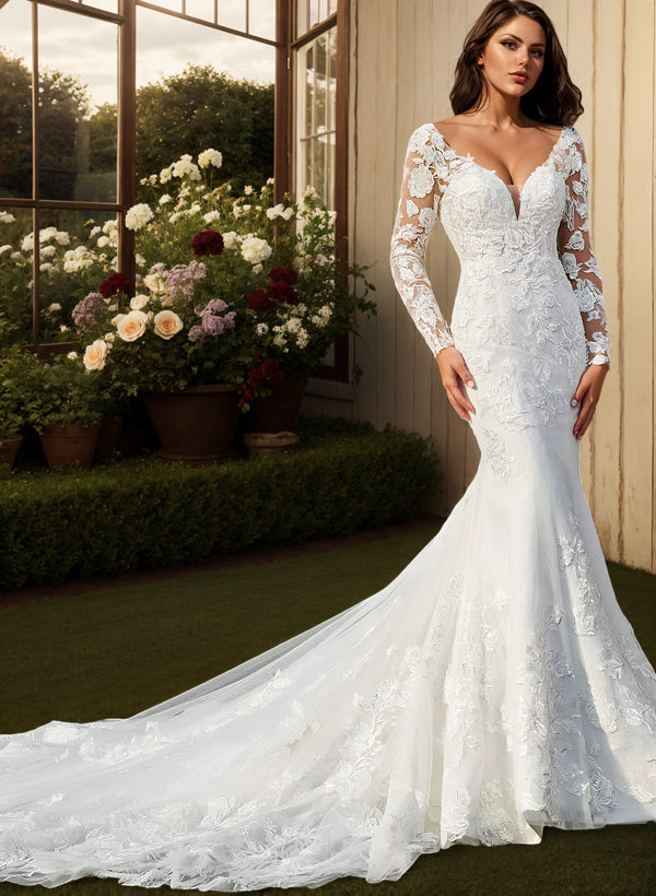 Trumpet/Mermaid V-Neck Long Sleeves Sweep Train Lace Wedding Dresses