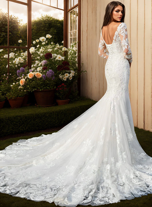 Trumpet/Mermaid V-Neck Long Sleeves Sweep Train Lace Wedding Dresses