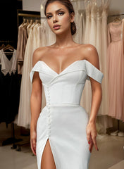 Off-The-Shoulder Court Train Satin Wedding Dresses With Detachable Train