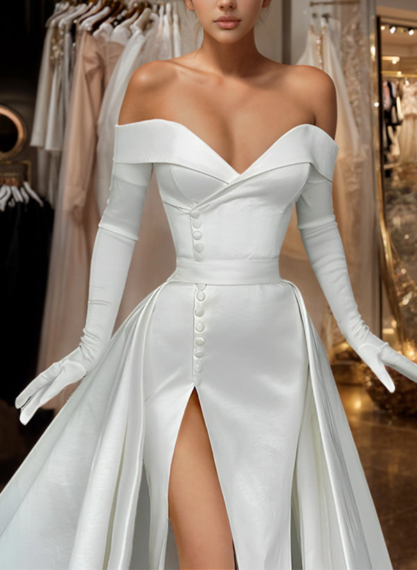 Off-The-Shoulder Court Train Satin Wedding Dresses With Detachable Train