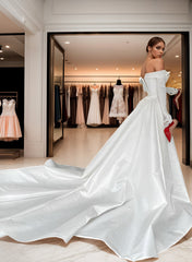 Off-The-Shoulder Court Train Satin Wedding Dresses With Detachable Train