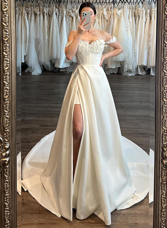 Off-The-Shoulder Sleeveless Satin Wedding Dress