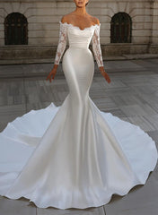 Strapless Long Sleeves Satin Wedding Dresses With Lace - Trumpet/Mermaid