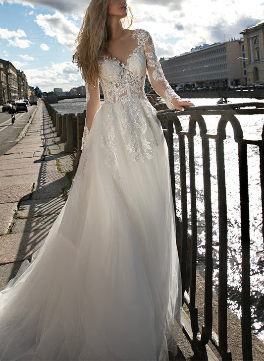 Elegant A-Line Illusion Neck Long Sleeves Sweep Train Lace/Tulle Wedding Dresses