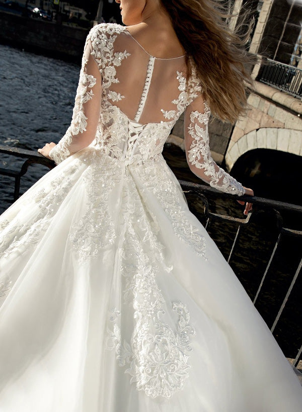 Elegant A-Line Illusion Neck Long Sleeves Sweep Train Lace/Tulle Wedding Dresses