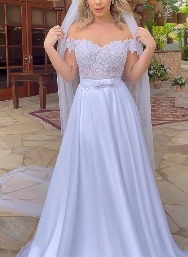 Off-The-Shoulder Sleeveless Lace Wedding Dress with A-Line Silhouette and Sweep Train