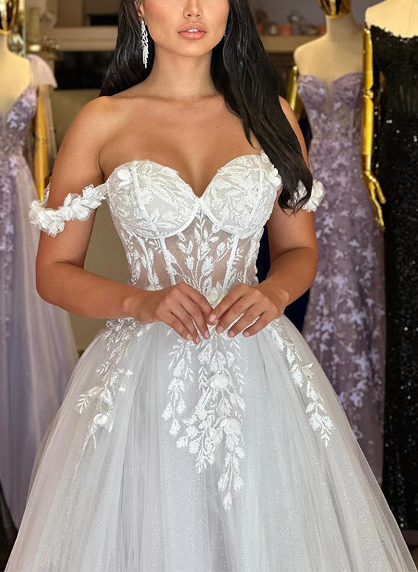 Off-The-Shoulder Sleeveless A-Line Sweep Train Wedding Dresses