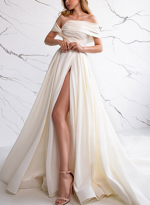 A-Line Off-The-Shoulder Sleeveless Satin Wedding Dresses With Front Split