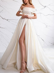 Off-The-Shoulder Sleeveless Satin Wedding Dress With Split Front A-Line