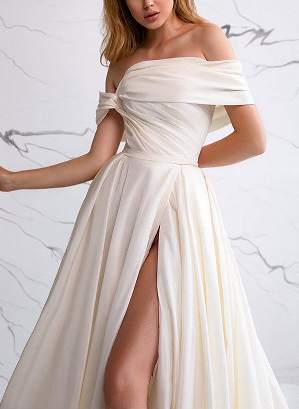 A-Line Off-The-Shoulder Sleeveless Satin Wedding Dresses With Front Split