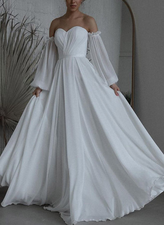 Off-The-Shoulder Long Sleeves Floor-Length Tulle Wedding Dresses