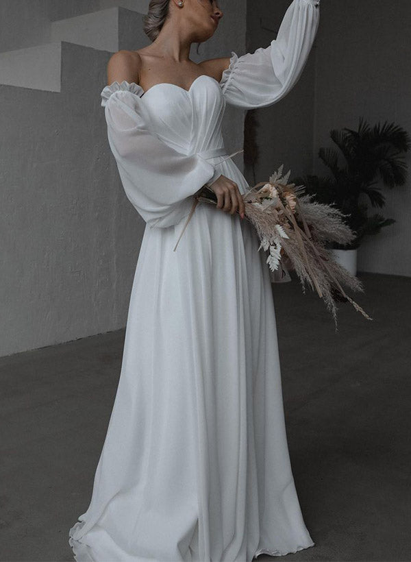 Off-The-Shoulder Long Sleeves Floor-Length Tulle Wedding Dresses