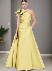 A-Line One-Shoulder Sleeveless Satin Bridesmaid Dresses With Bow(s) and Pockets