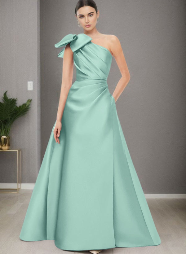 A-Line One-Shoulder Sleeveless Satin Bridesmaid Dresses With Bow(s) and Pockets