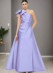 A-Line One-Shoulder Sleeveless Satin Bridesmaid Dresses With Bow(s) and Pockets