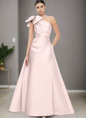 A-Line One-Shoulder Sleeveless Satin Bridesmaid Dresses With Bow(s) and Pockets