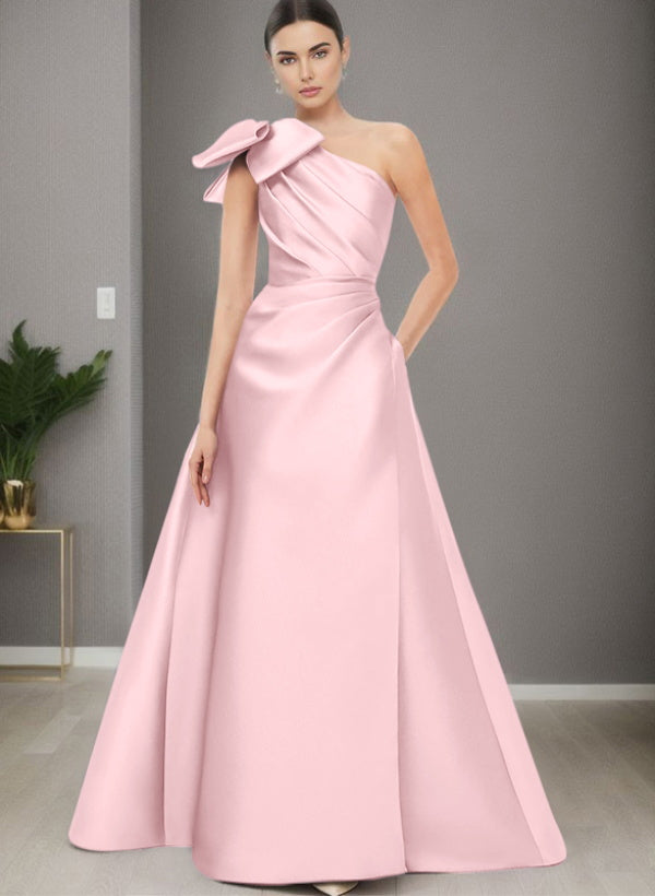 A-Line One-Shoulder Sleeveless Satin Bridesmaid Dresses With Bow(s) and Pockets