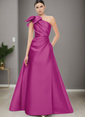 A-Line One-Shoulder Sleeveless Satin Bridesmaid Dresses With Bow(s) and Pockets