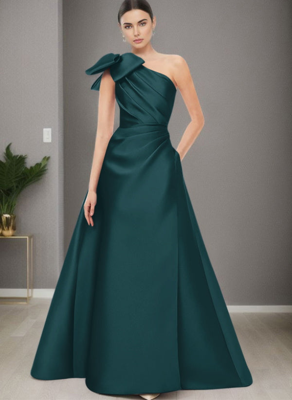 A-Line One-Shoulder Sleeveless Satin Bridesmaid Dresses With Bow(s) and Pockets