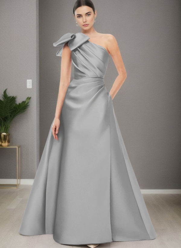 A-Line One-Shoulder Sleeveless Satin Bridesmaid Dresses With Bow(s) and Pockets