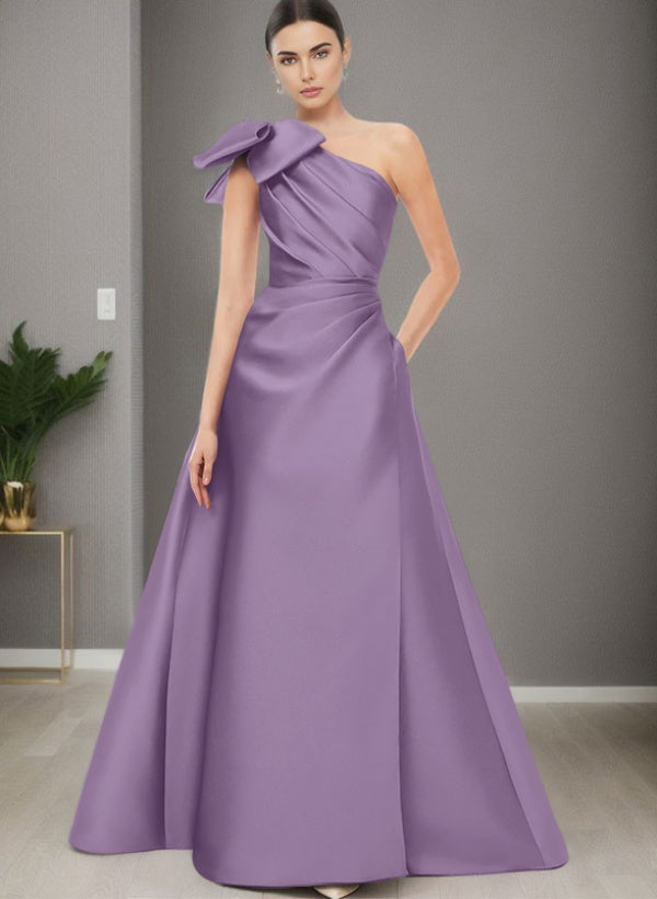 A-Line One-Shoulder Sleeveless Satin Bridesmaid Dresses With Bow(s) and Pockets