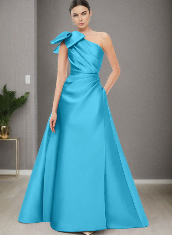 A-Line One-Shoulder Sleeveless Satin Bridesmaid Dresses With Bow(s) and Pockets