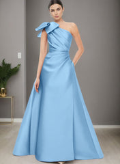 A-Line One-Shoulder Sleeveless Satin Bridesmaid Dresses With Bow(s) and Pockets