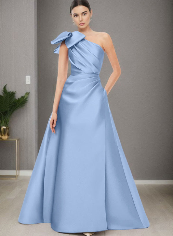 A-Line One-Shoulder Sleeveless Satin Bridesmaid Dresses With Bow(s) and Pockets