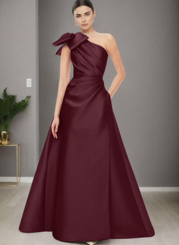 A-Line One-Shoulder Sleeveless Satin Bridesmaid Dresses With Bow(s) and Pockets