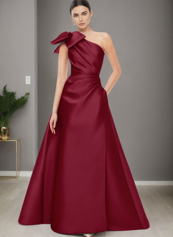 A-Line One-Shoulder Sleeveless Satin Bridesmaid Dresses With Bow(s) and Pockets