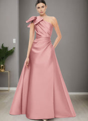 A-Line One-Shoulder Sleeveless Satin Bridesmaid Dresses With Bow(s) and Pockets