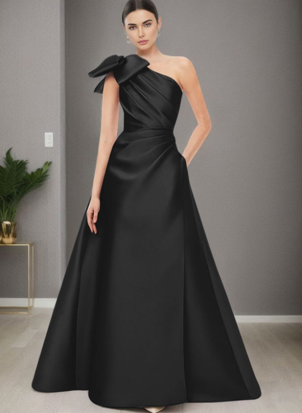 A-Line One-Shoulder Sleeveless Satin Bridesmaid Dresses With Bow(s) and Pockets