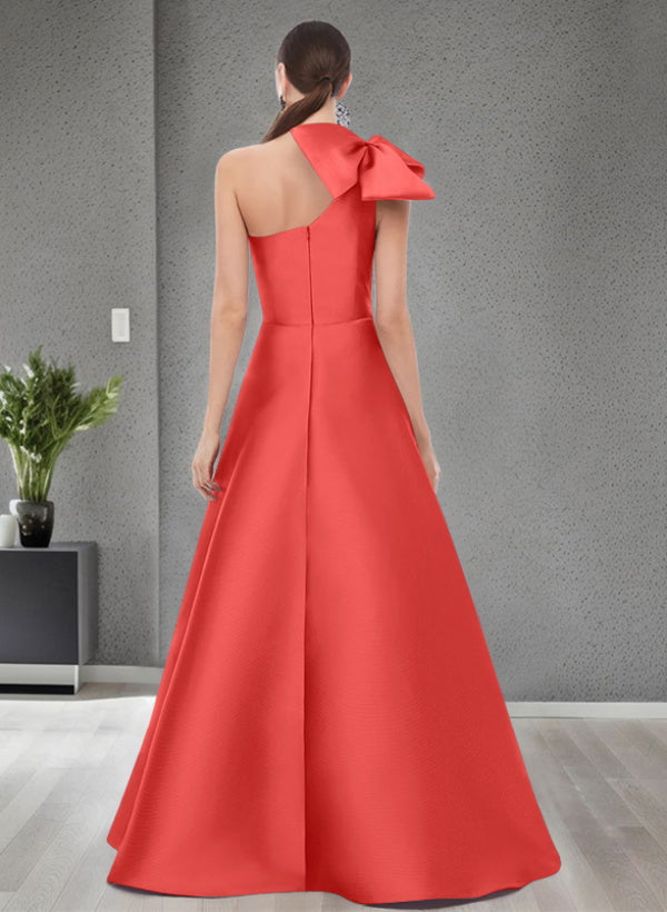 A-Line One-Shoulder Sleeveless Satin Bridesmaid Dresses With Bow(s) and Pockets