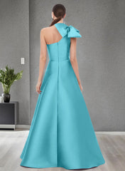 A-Line One-Shoulder Sleeveless Satin Bridesmaid Dresses With Bow(s) and Pockets