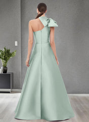 A-Line One-Shoulder Sleeveless Satin Bridesmaid Dresses With Bow(s) and Pockets