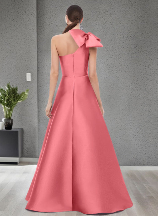 A-Line One-Shoulder Sleeveless Satin Bridesmaid Dresses With Bow(s) and Pockets