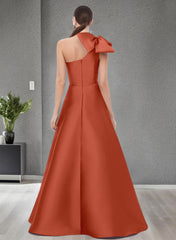 A-Line One-Shoulder Sleeveless Satin Bridesmaid Dresses With Bow(s) and Pockets