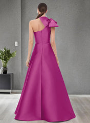 A-Line One-Shoulder Sleeveless Satin Bridesmaid Dresses With Bow(s) and Pockets