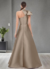 A-Line One-Shoulder Sleeveless Satin Bridesmaid Dresses With Bow(s) and Pockets