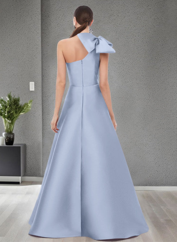 A-Line One-Shoulder Sleeveless Satin Bridesmaid Dresses With Bow(s) and Pockets