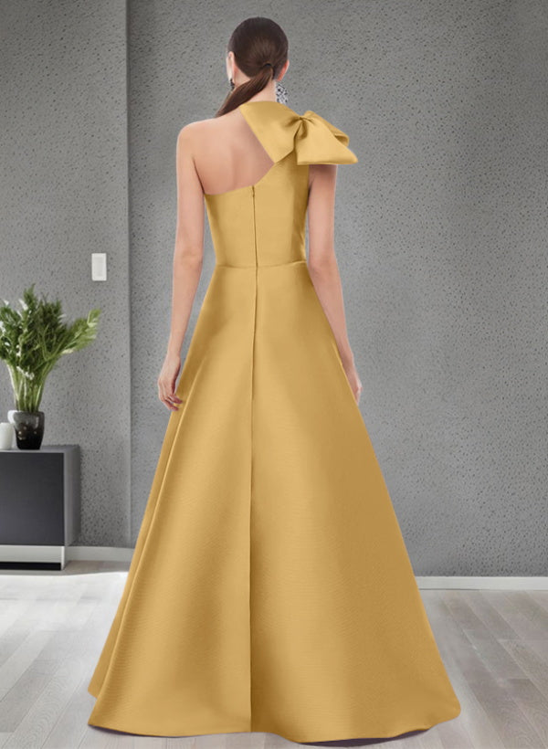 A-Line One-Shoulder Sleeveless Satin Bridesmaid Dresses With Bow(s) and Pockets