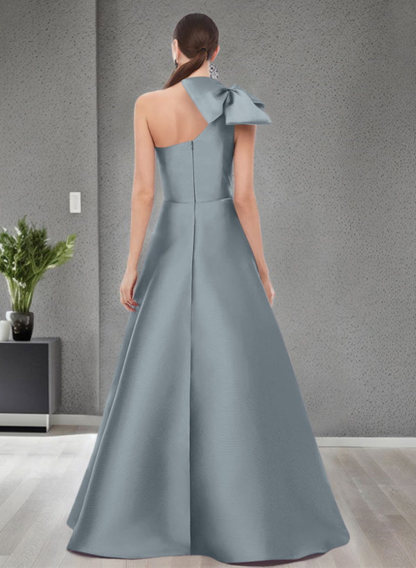 A-Line One-Shoulder Sleeveless Satin Bridesmaid Dresses With Bow(s) and Pockets