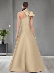 A-Line One-Shoulder Sleeveless Satin Bridesmaid Dresses With Bow(s) and Pockets