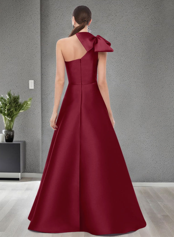 A-Line One-Shoulder Sleeveless Satin Bridesmaid Dresses With Bow(s) and Pockets