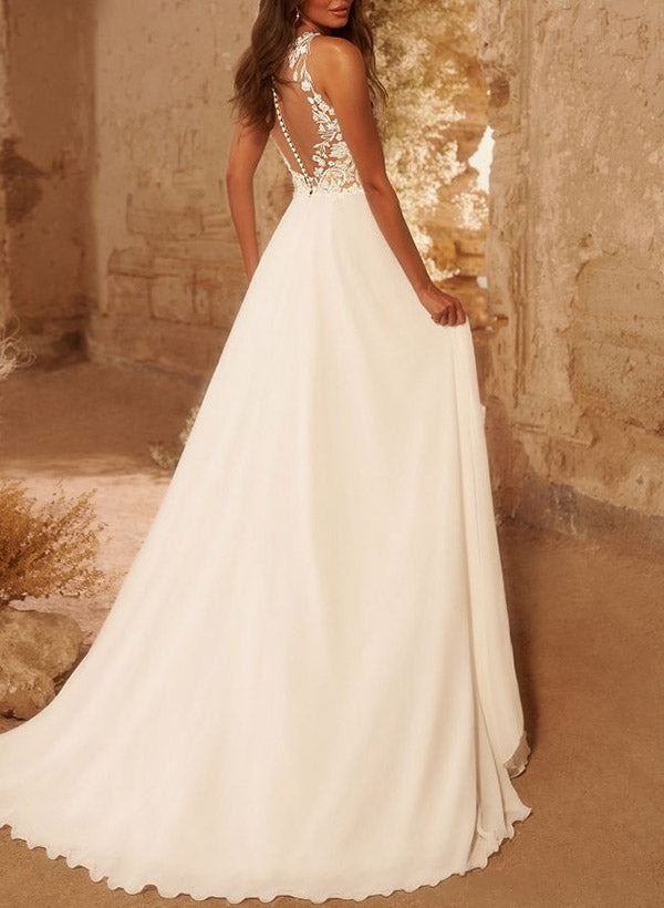 A-Line Scoop Neck Sleeveless Lace Wedding Dresses With Appliques Lace