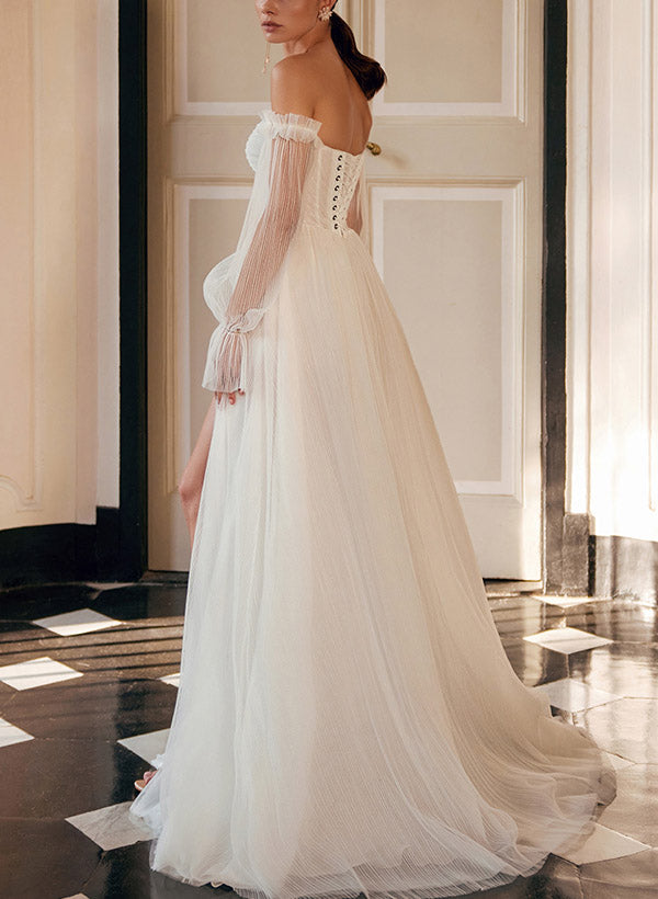 Off-The-Shoulder A-Line Wedding Dress with Long Sleeves and Split Front