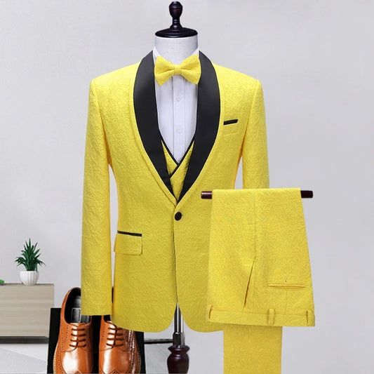 Blair Chic Yellow Shawl Lapel 3-Piece Jacquard Prom Suit