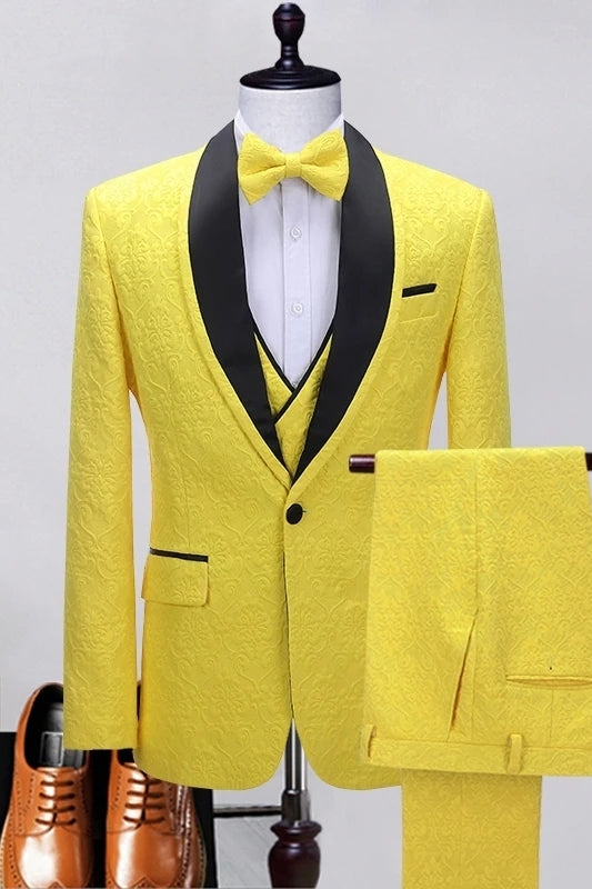 Blair Chic Yellow Shawl Lapel 3-Piece Jacquard Prom Suit