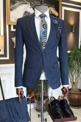 Bernard Navy Blue Striped Peaked Lapel Business Suit